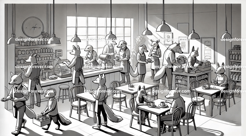 anthropomorphs working cafe coffee