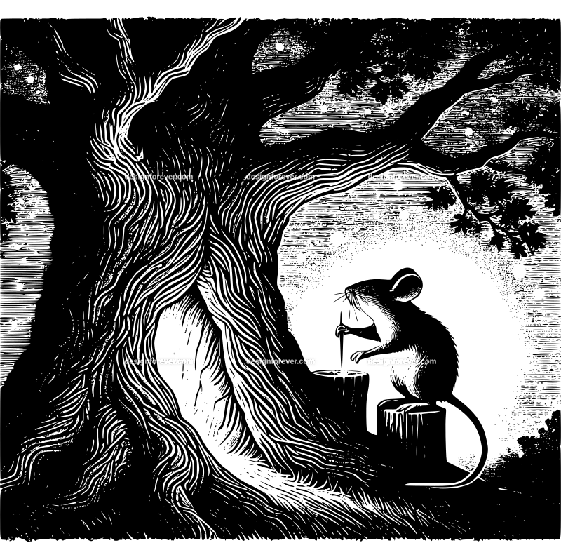 anthromorphic mouse working at night inside old oak tree