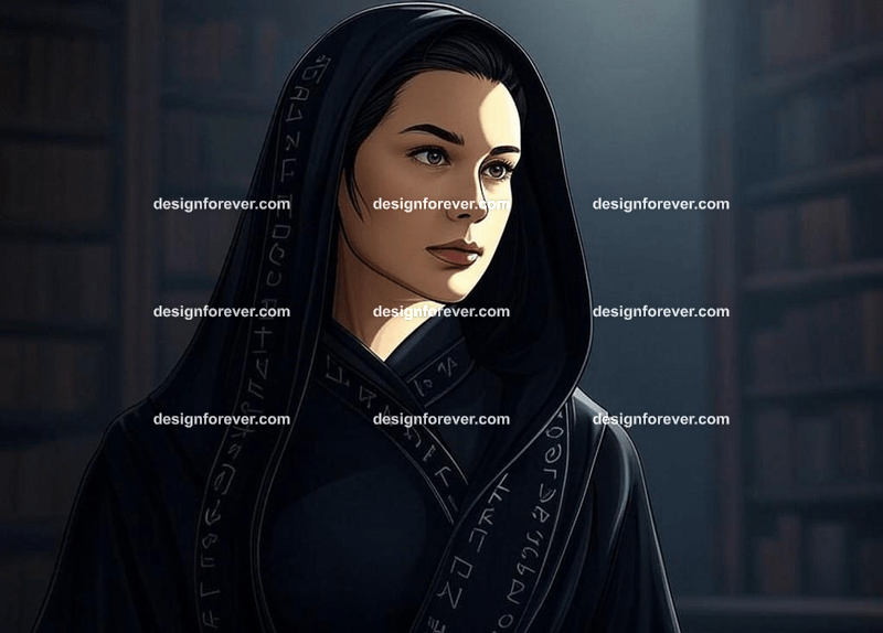 beautiful woman but with raven skin instead of human skin wearing black robe of magician with runes