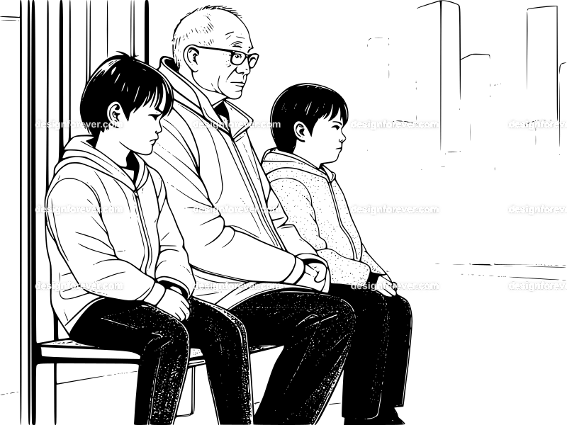 elderly man waiting for bus at bus stop with his grand kids