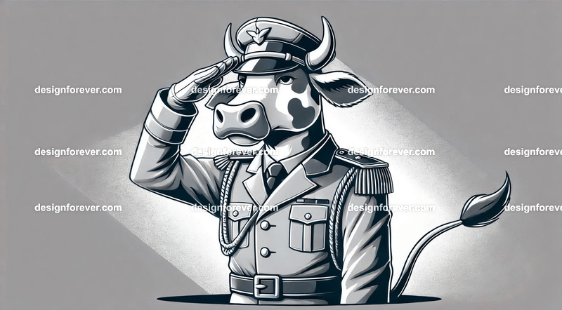 An anthropomorphic cow dressed as a military general