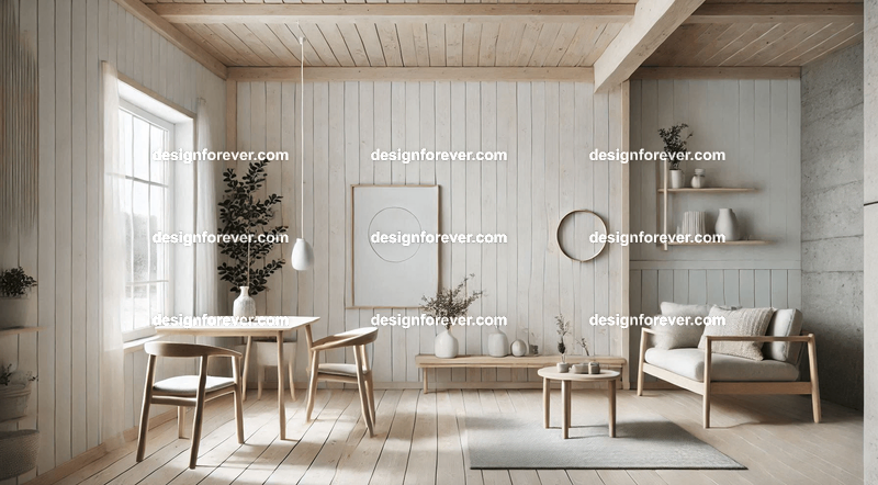 A minimalist Scandinavian interior with light wood textures, clean furniture, and a soothing palette of whites and grays