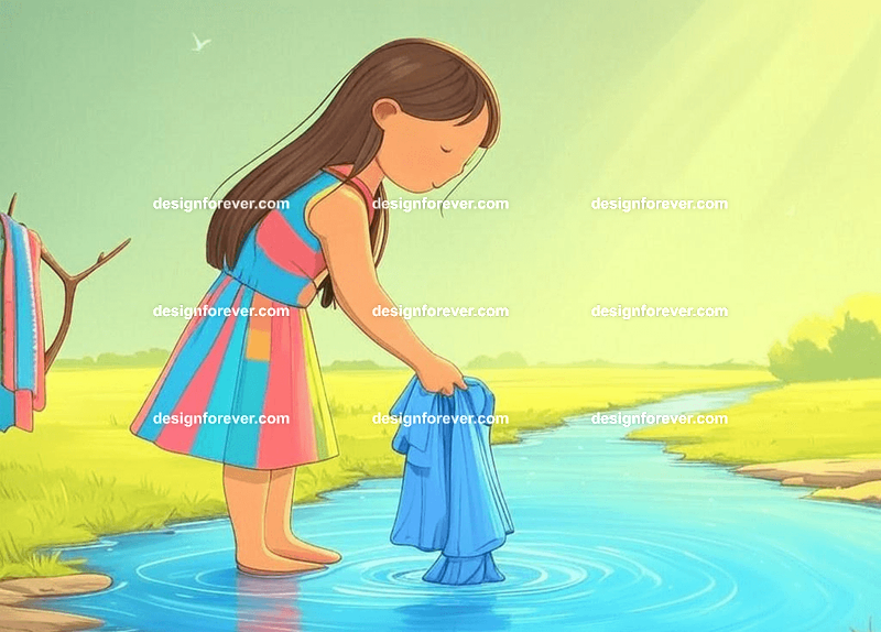 girl washing clothes in countryside