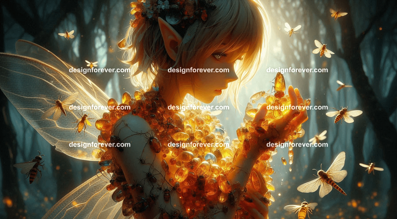 A fairy collecting ancient amber pieces, each containing trapped glowing insects, in an overgrown forest