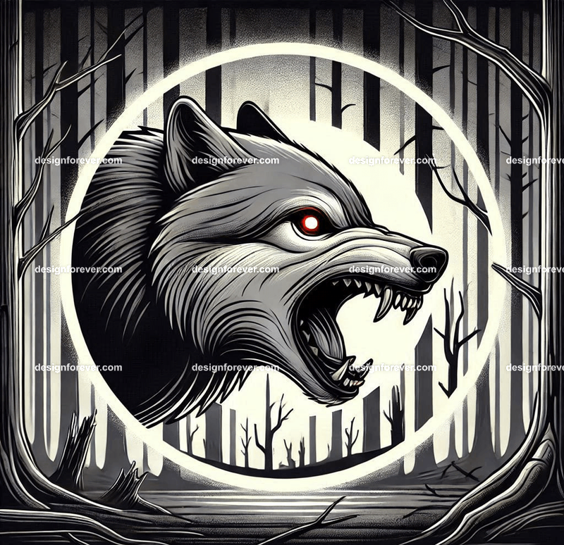 A wolf baring its teeth in a creepy forest with dead trees, barely visible except for its bright eye enclosed within perfect circle