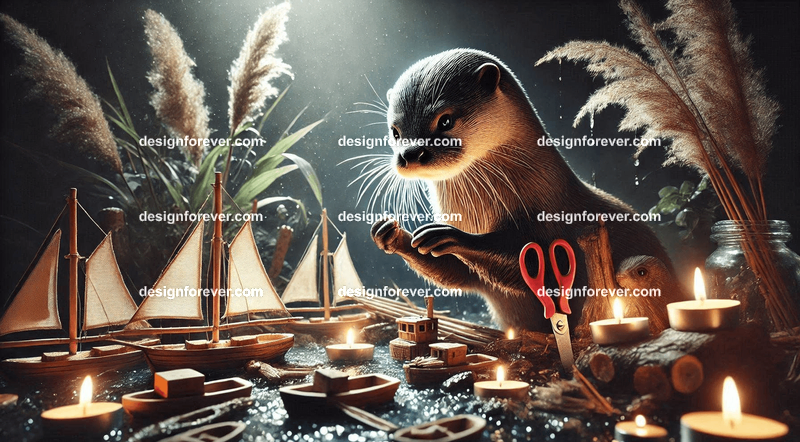 An otter crafting miniature boats from driftwood, surrounded by enchanted tools and glowing river reeds