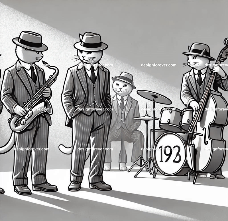 Anthropomorphs as 1920s jazz musicians with suits, fedoras, and instruments