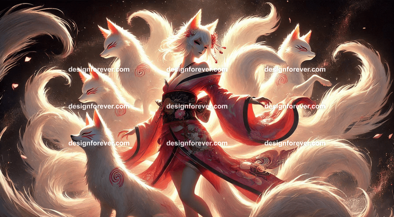 Kitsune in a silk kimono, with multiple tails glowing faintly, surrounded by mystical foxfire