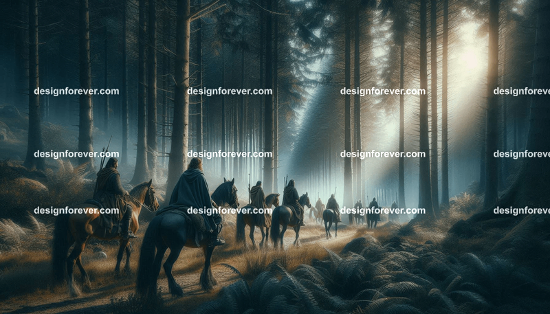 The heroes from wheel of time on horses traveling through forest