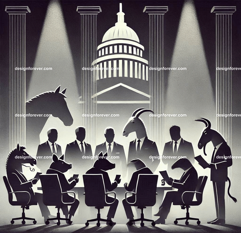 Anthropomorphs animal farm animals as senators in congressmen in dark smoky room insider trading with businessmen