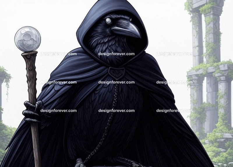 Mysterious raven in a dark hooded cloak