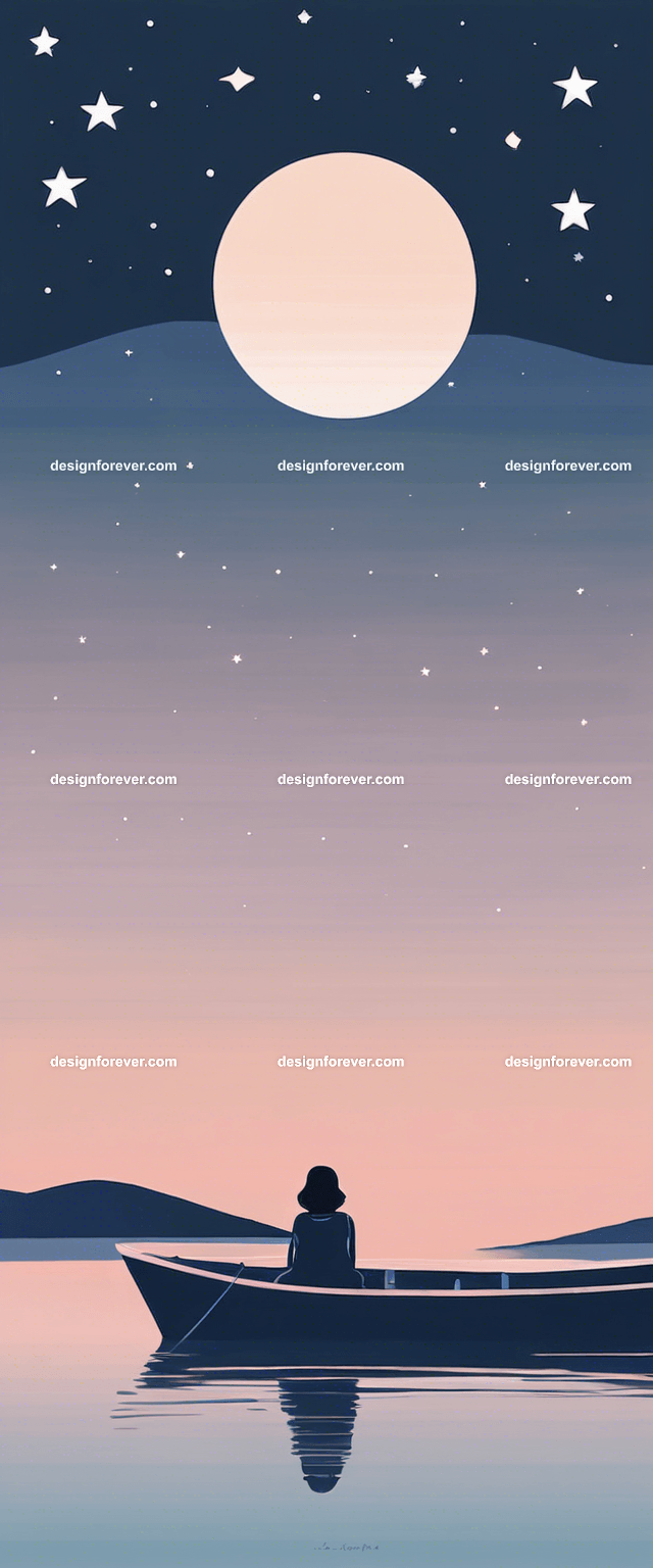 young woman on kayak on calm lake deep dark blue evening sky with stars