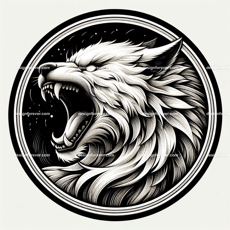 the fury of the cat within a circular seal in pure white background