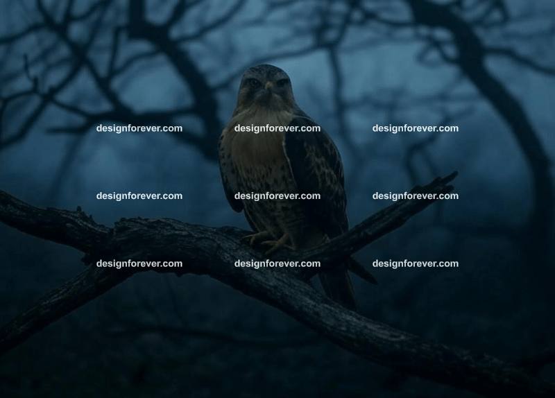 a hawk in creepy dark woods with dead trees