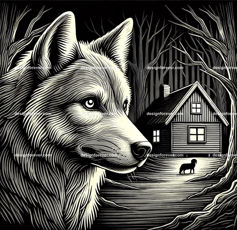a wolf staring at cottage in woods in a creepy dark woods with dead trees