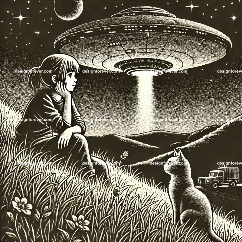 girl lying on hillside grass next to cat staring at spaceship landing nearby
