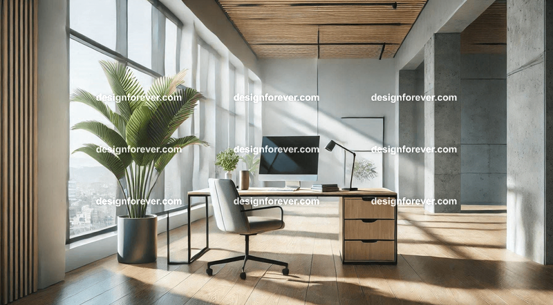 A sleek modern office with a minimalist desk, a potted plant, and soft natural lighting streaming through large windows