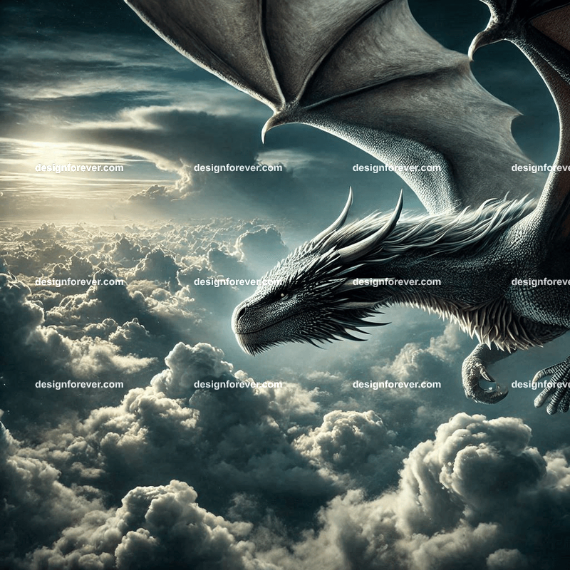 The flight of the dragons above majestic clouds and dark sky