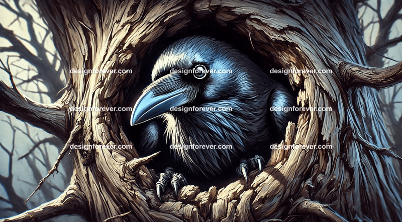 Raven living in tree hole