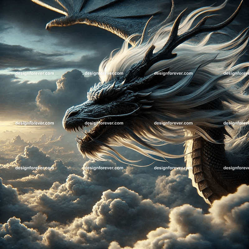 The flight of the dragons above majestic clouds and dark sky