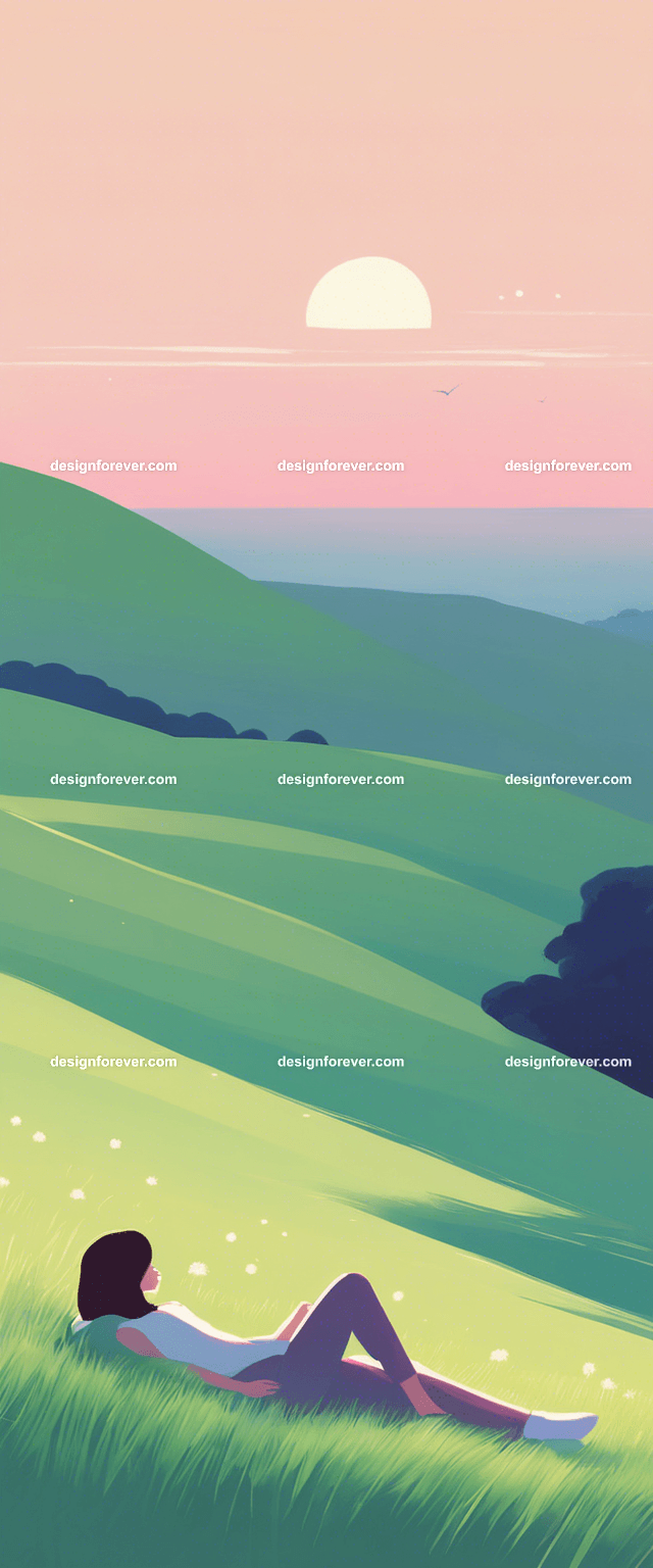 young woman with book lying on grass on hillside