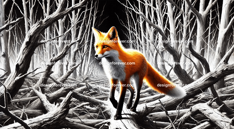 A fox navigating a creep black and white forest and dead trees