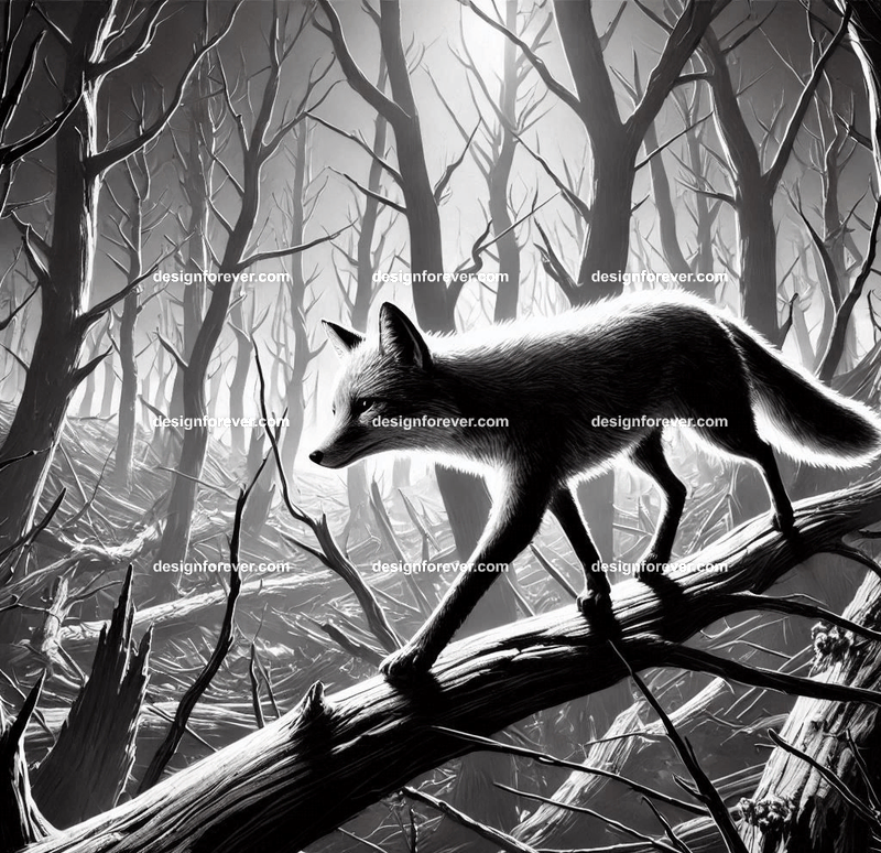 A fox navigating a creep black and white forest and dead trees