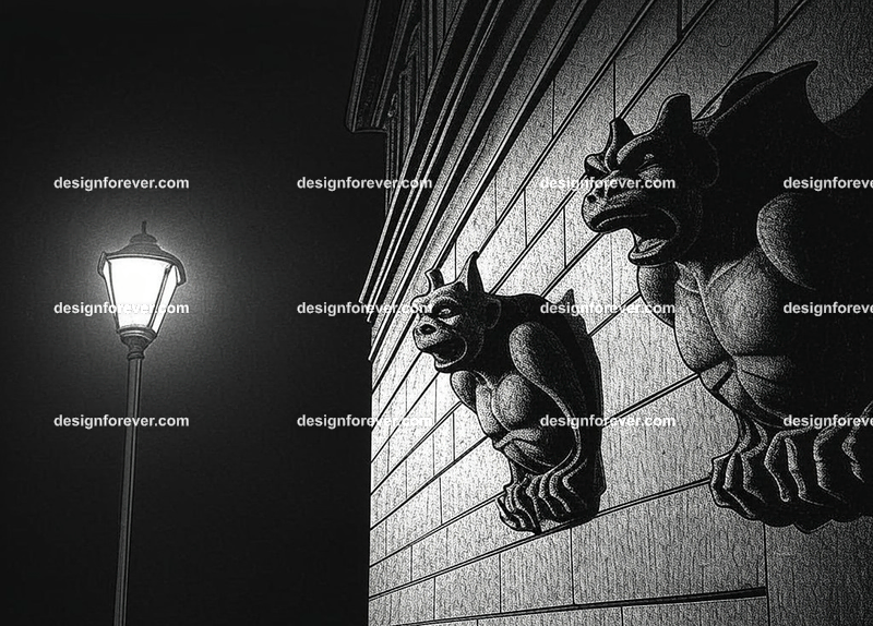 gargoyles in front of woman's home at night shown by street lamp