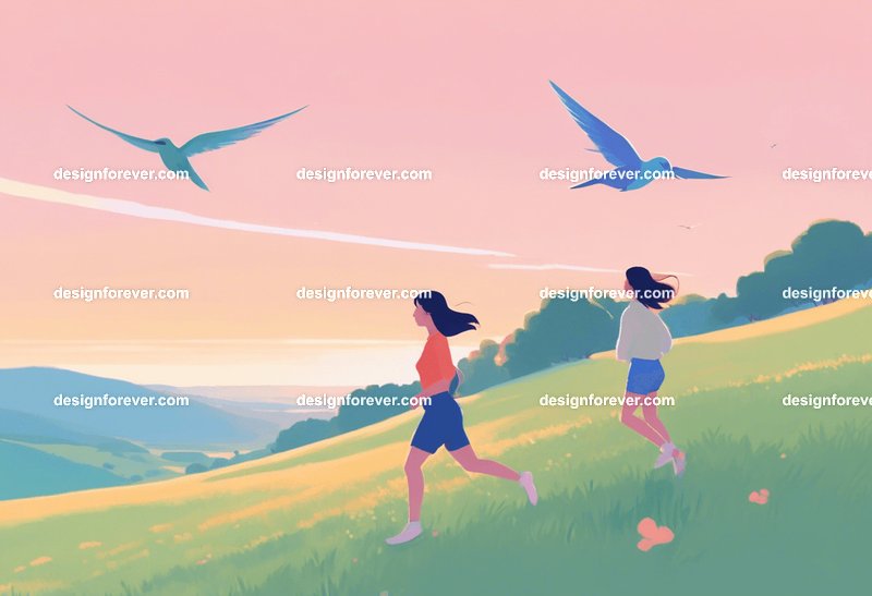 teen girl with a girl friend running after hummingbird