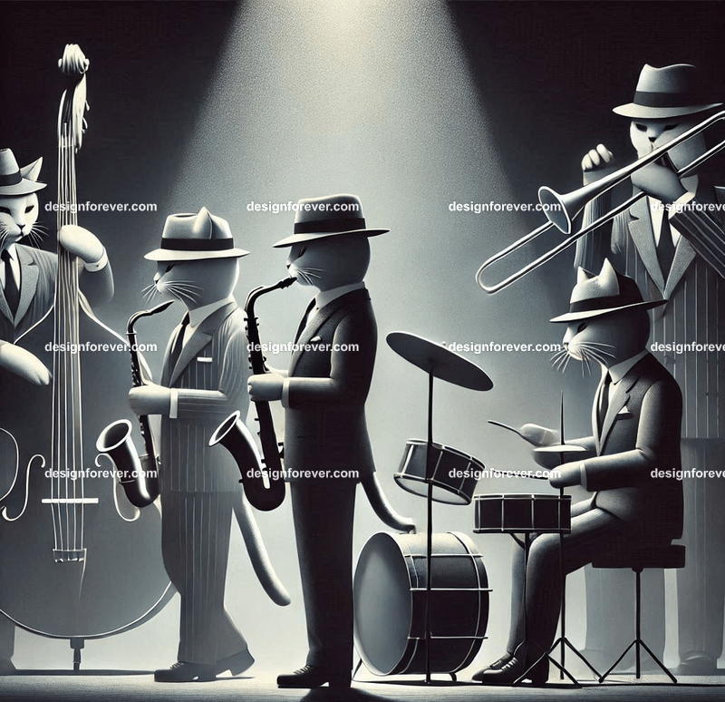 Anthropomorphs cats as 1920s jazz musicians with suits, fedoras, and instruments in dark smoky room