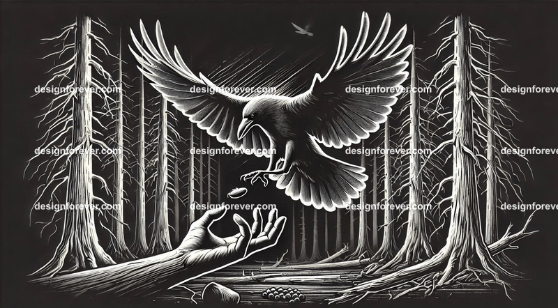 crow flying down towards its prey on ground in dark forest with dead trees