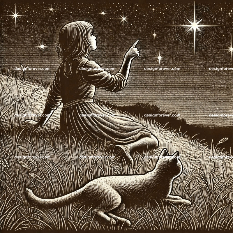 girl lying on hillside grass next to cat staring at stars