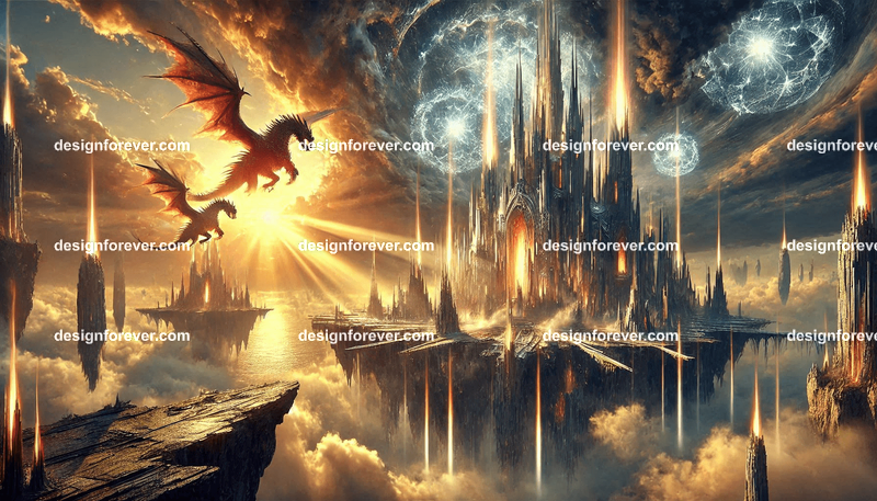 Storm dragons assaulting floating quartz palace in twilight void