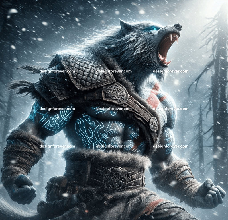 Fenrir as a Viking warrior, with battle scars and runes glowing on their fur, howling in a snowy battlefield