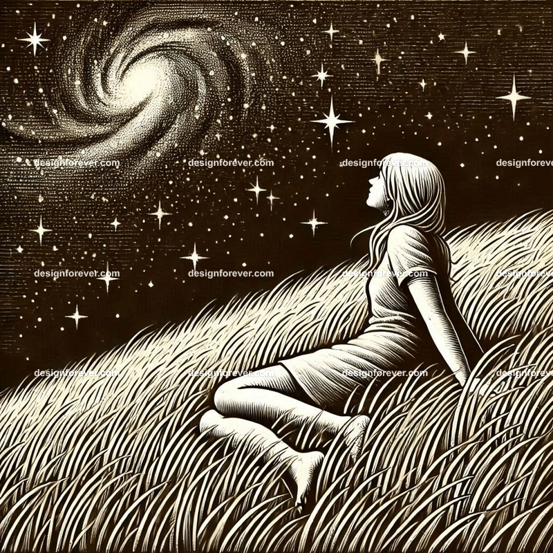 girl lying on hillside grass next to cat staring at stars