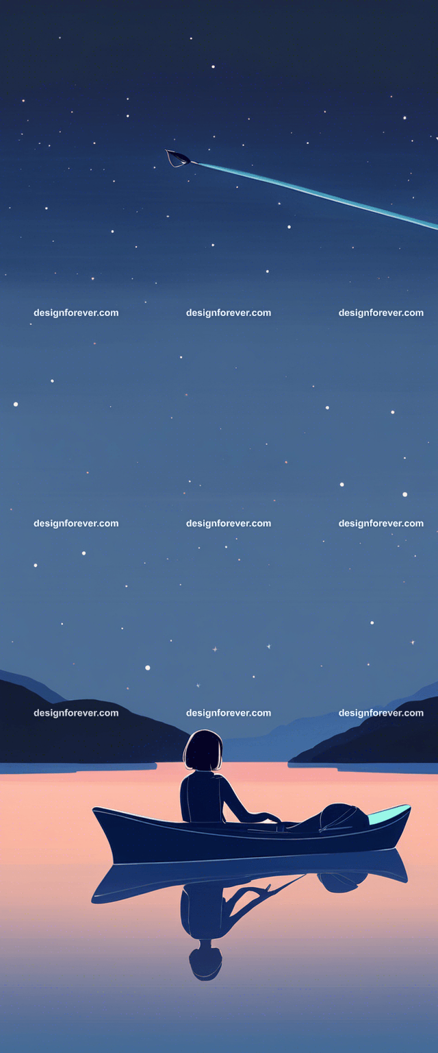 young woman on kayak on calm lake deep dark blue evening sky with stars