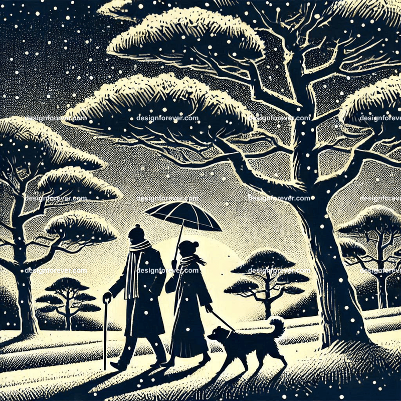 couple walking with a dog in winter