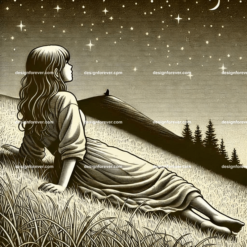 girl lying on hillside grass next to cat staring at stars