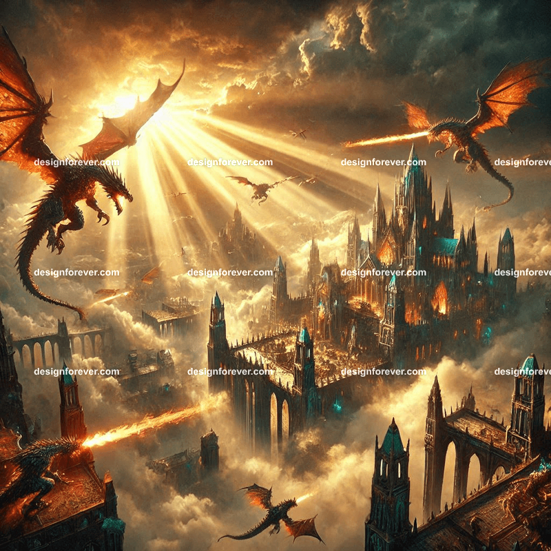 Storm dragons assaulting palace defended by mages