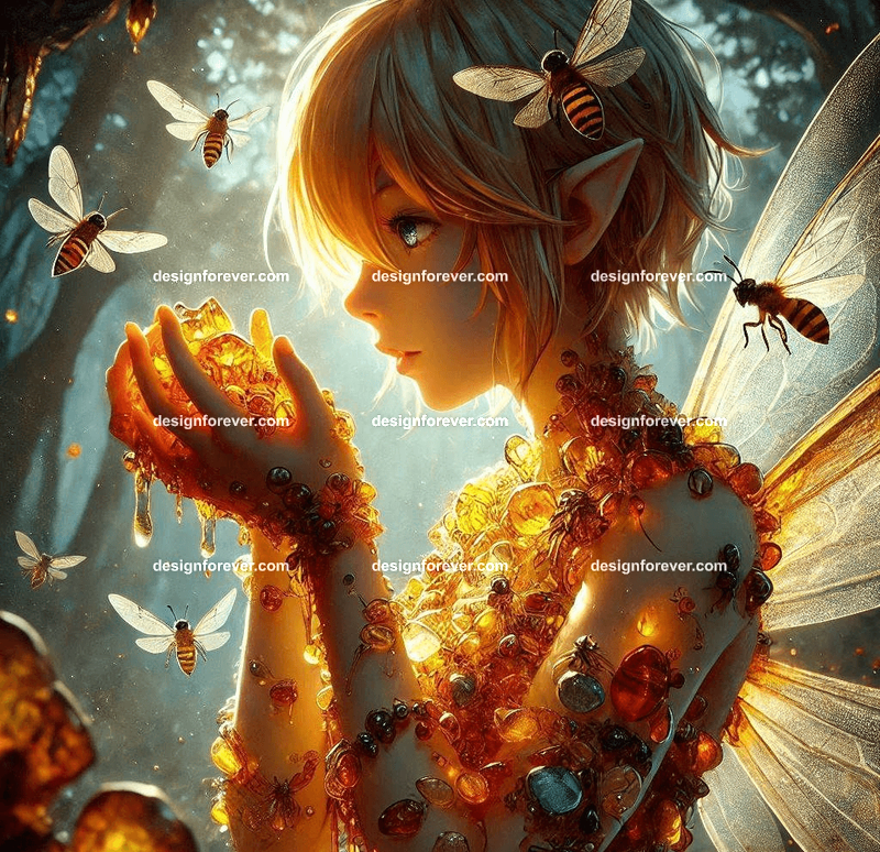 A fairy collecting ancient amber pieces, each containing trapped glowing insects, in an overgrown forest