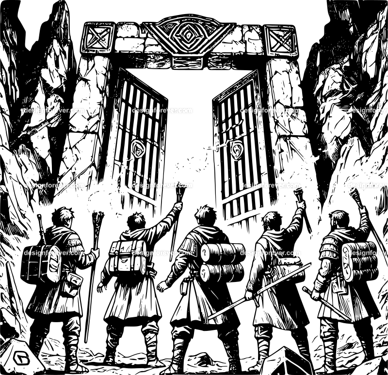 5 adventurers opening stone gates to cave and holding torches