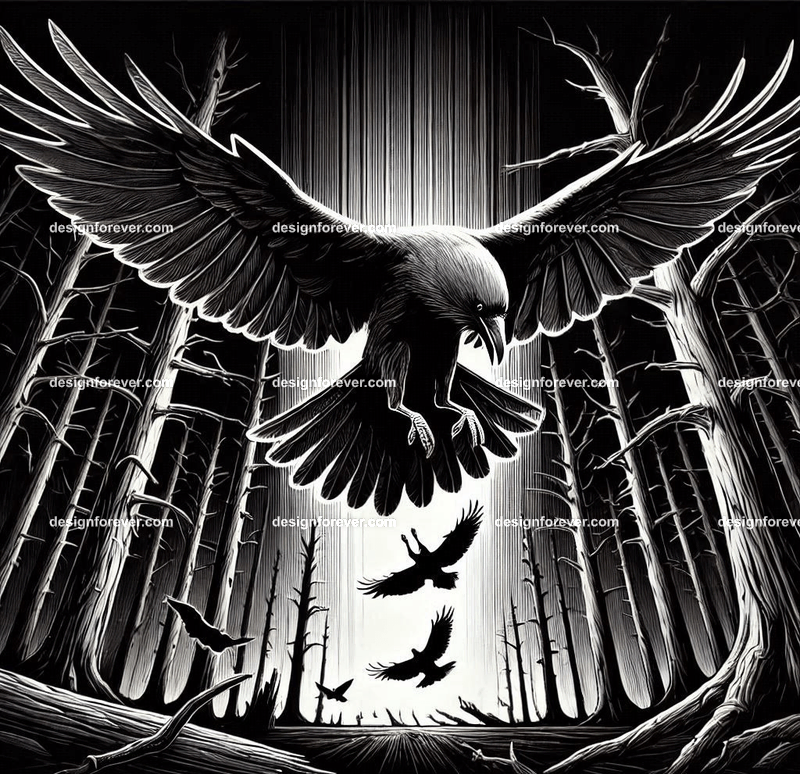 crow flying down towards its prey on ground in dark forest with dead trees