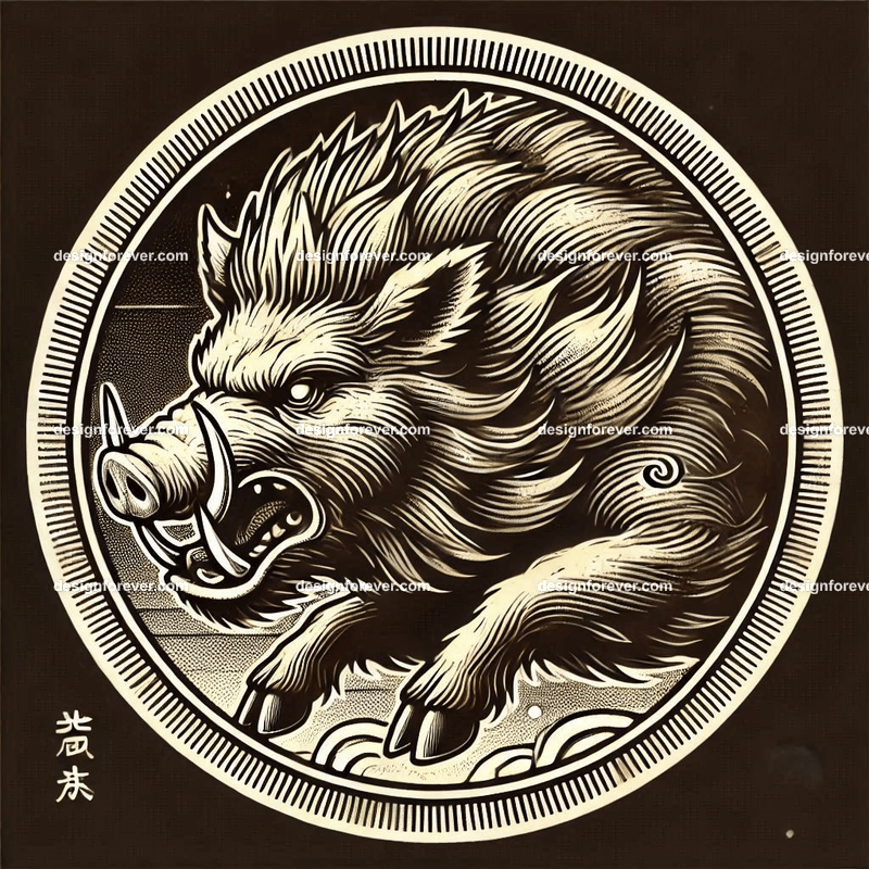 the fury of the boar within a circular seal