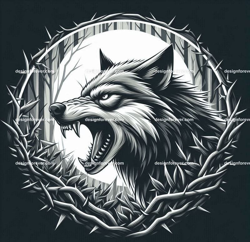 A wolf baring its teeth surrounded by thorn bush in creepy forest