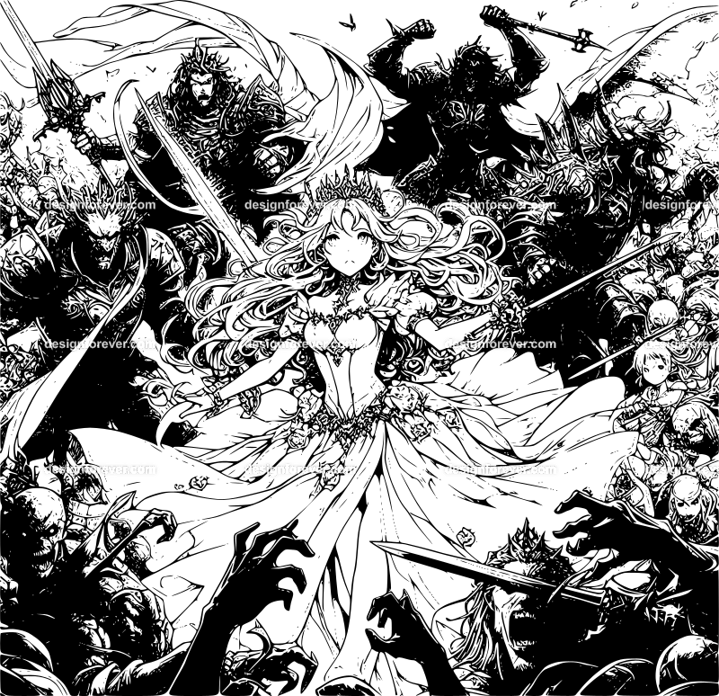 epic scene of princess and protectors battling against hordes of monsters