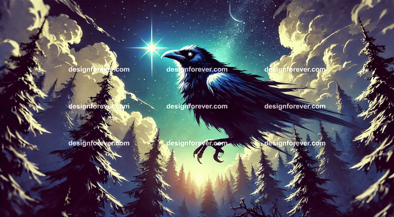 A raven with a star glowing in its beak, flying through a twilight sky over a mystical forest