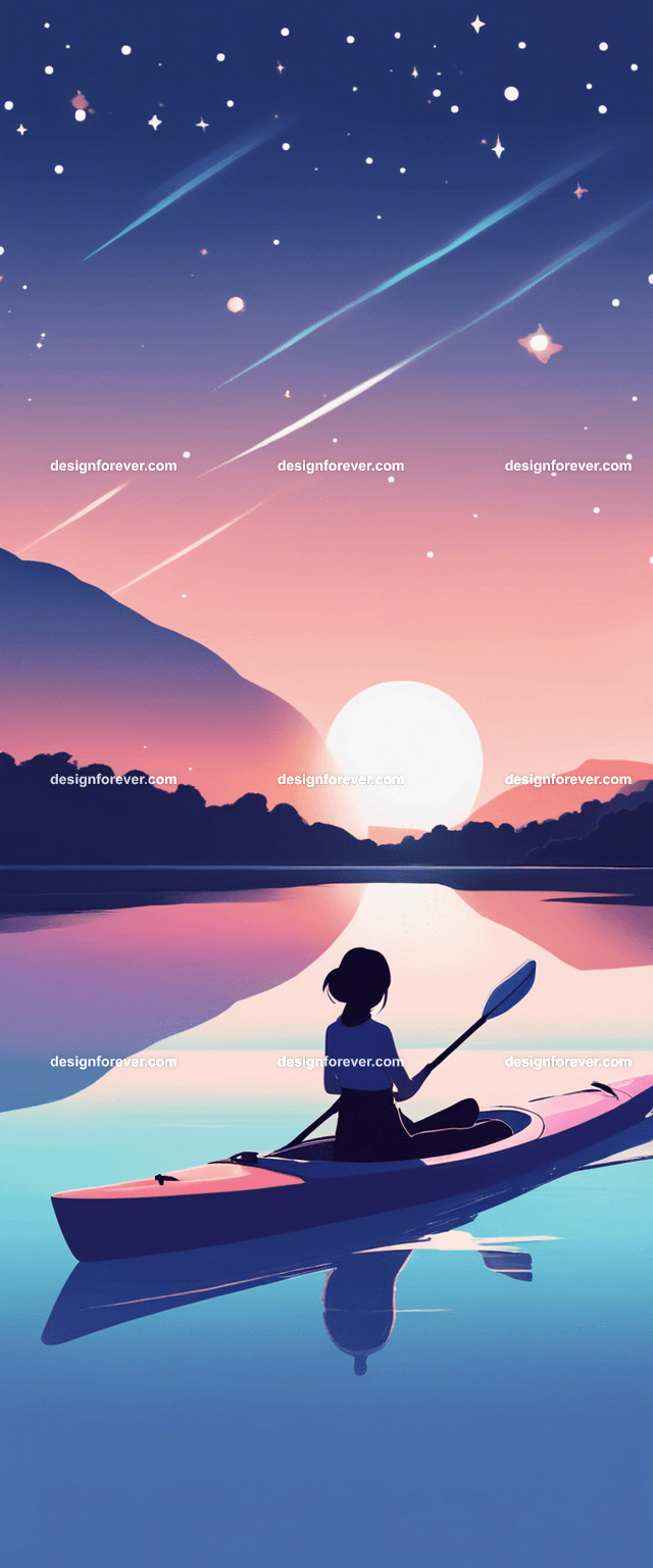 young woman on kayak on calm lake deep dark blue evening sky with stars