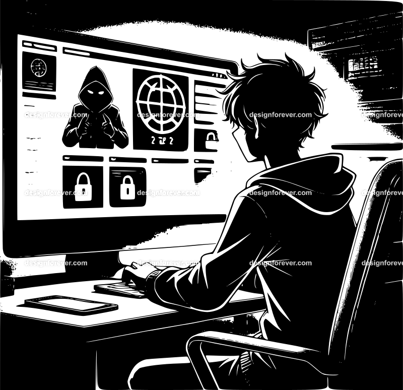 teen hacking website at night in front of computer