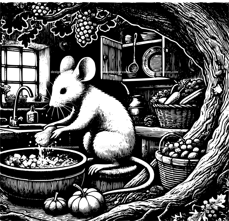 anthromorphic mouse washing vegetables inside room in old oak tree