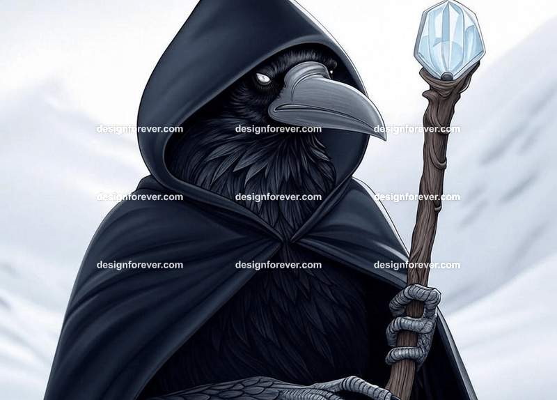 Mysterious raven in a dark hooded cloak